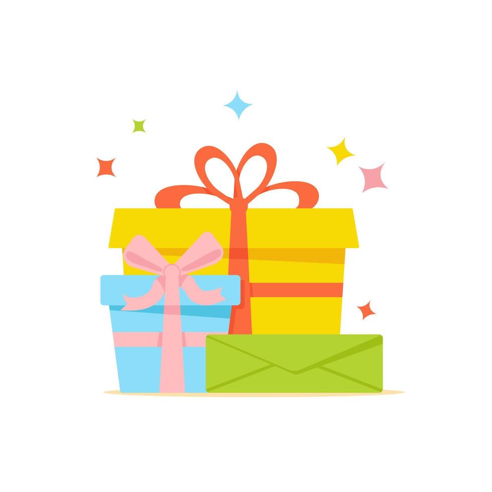 cajas festivas con cintas y lazo con regalos. caja de regalo de navidad. regalo para año nuevo, cumpleaños. ilustración vectorial colorida para postales, pancartas, folletos, carteles vector