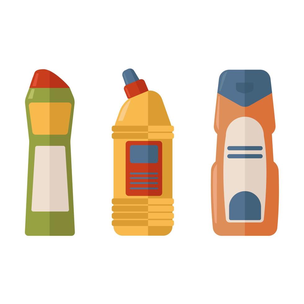 juego de detergentes, botellas coloridas de varias formas con dispensador. productos de limpieza para el hogar, menaje. productos químicos para el hogar vector