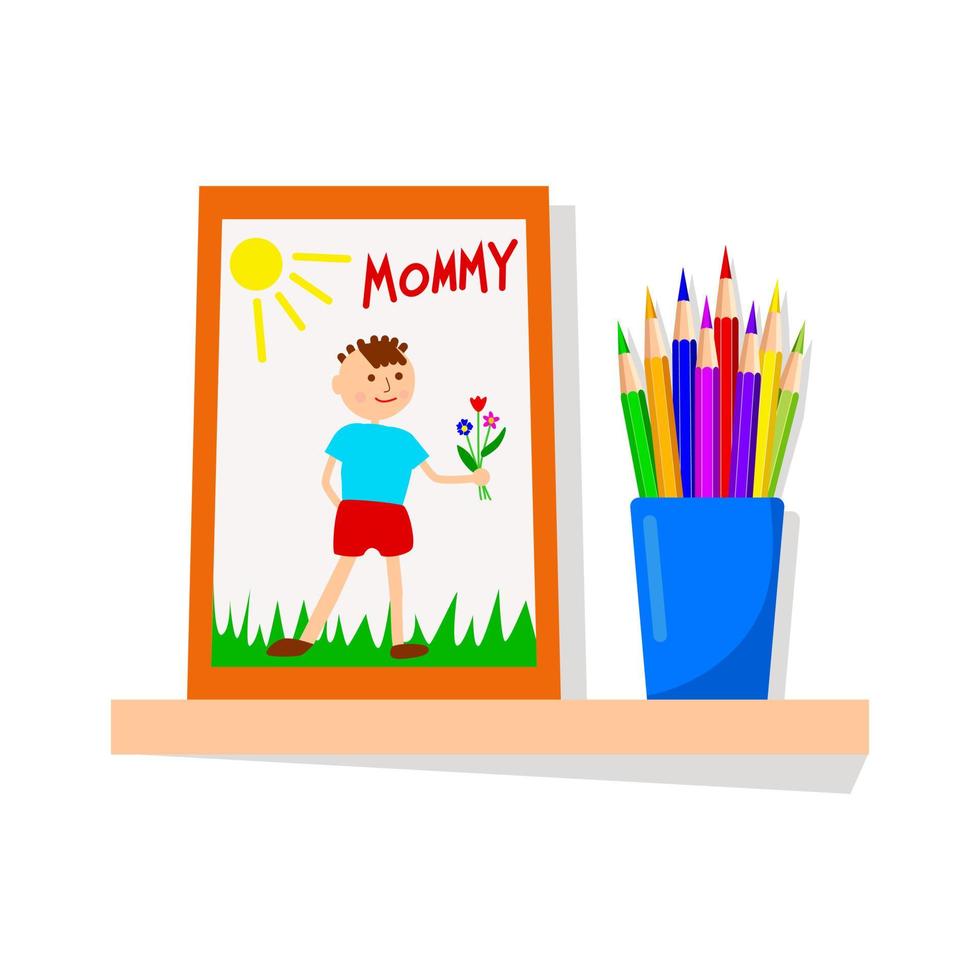 Children's drawing for Mother's Day in frame on shelf with colored pencils in vase. Drawing of