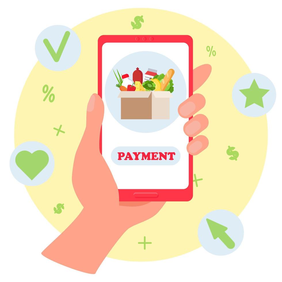 App online shopping. Smartphone with product ordering app on screen, hand holding mobile phone. Shopping online, Website or mobile Application. Payment Button vector