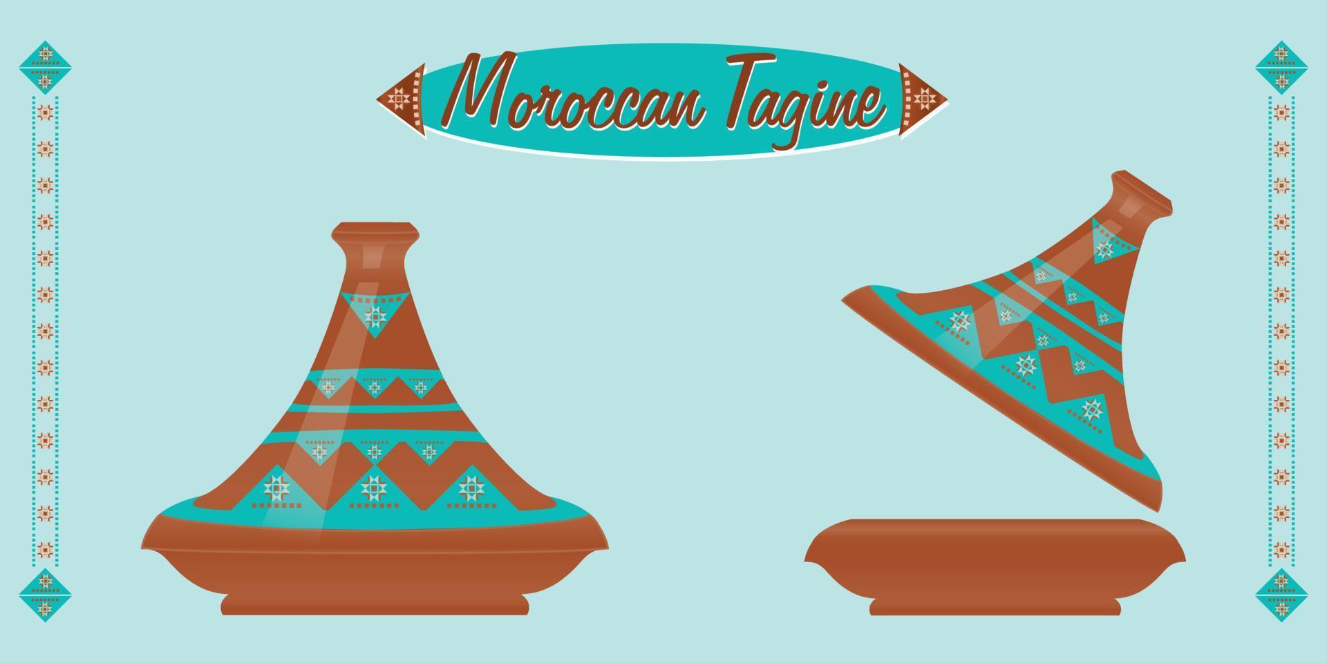 Moroccan Tagine, ceramic pot. Tajine is one of the most famous kitchen utensils in the world. Moroccan dish. Vector illustration.