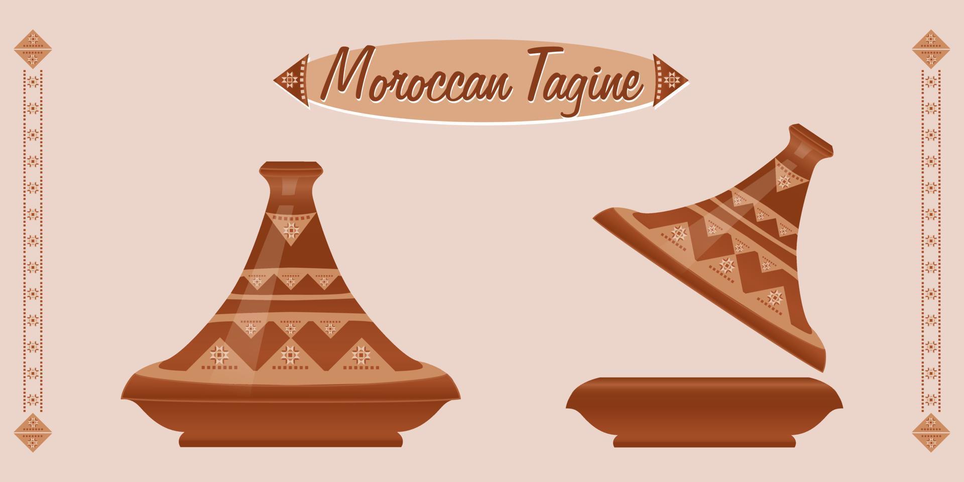 Moroccan Tagine, ceramic pot. Tajine is one of the most famous kitchen utensils in the world. Moroccan dish. Vector illustration.