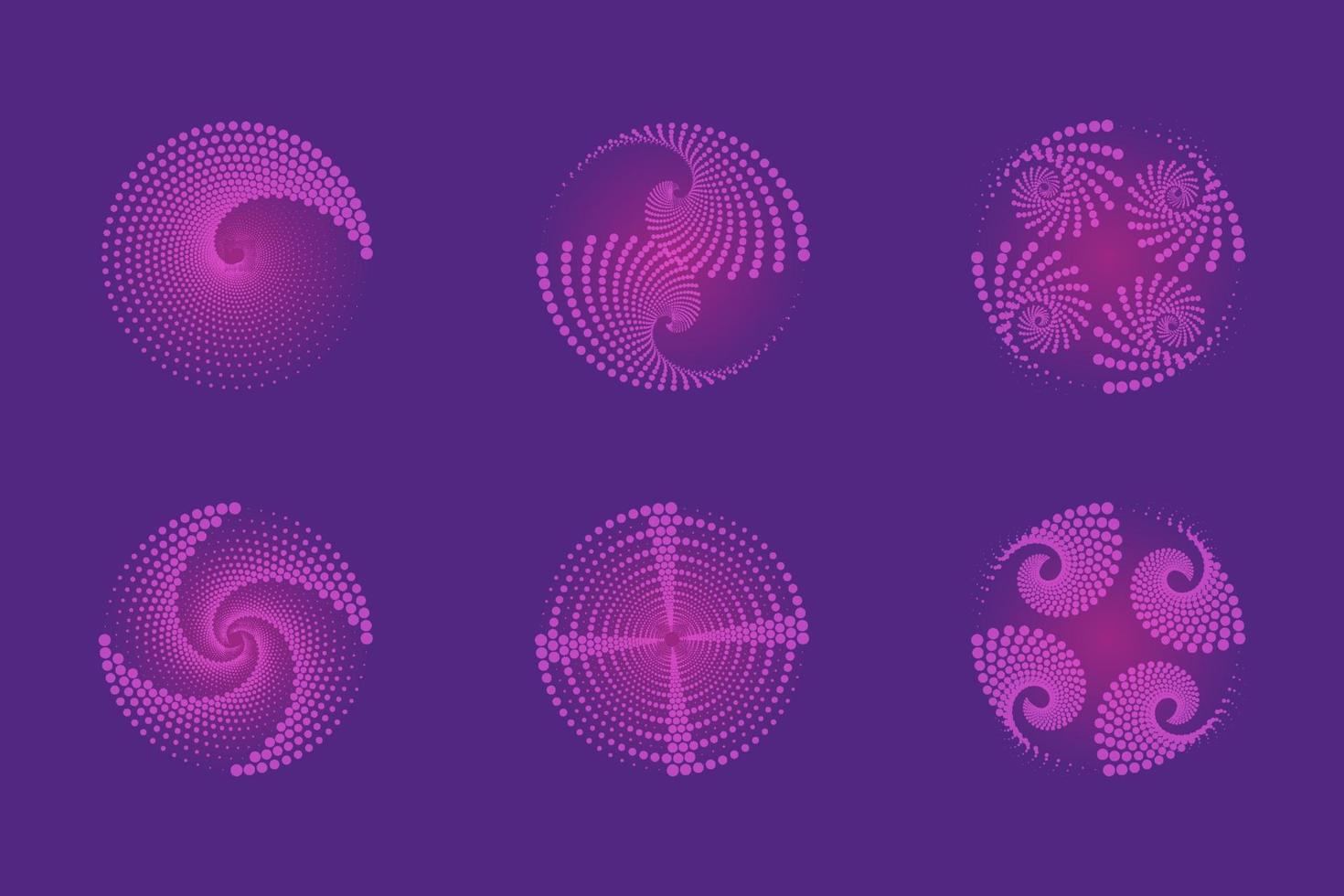 conjunto de espirales, elementos de diseño, patrones abstractos punteados. remolino en espiral, puntos de torsión, semitono de vórtice. plantillas vectoriales de líneas circulares de rotación radial. vector