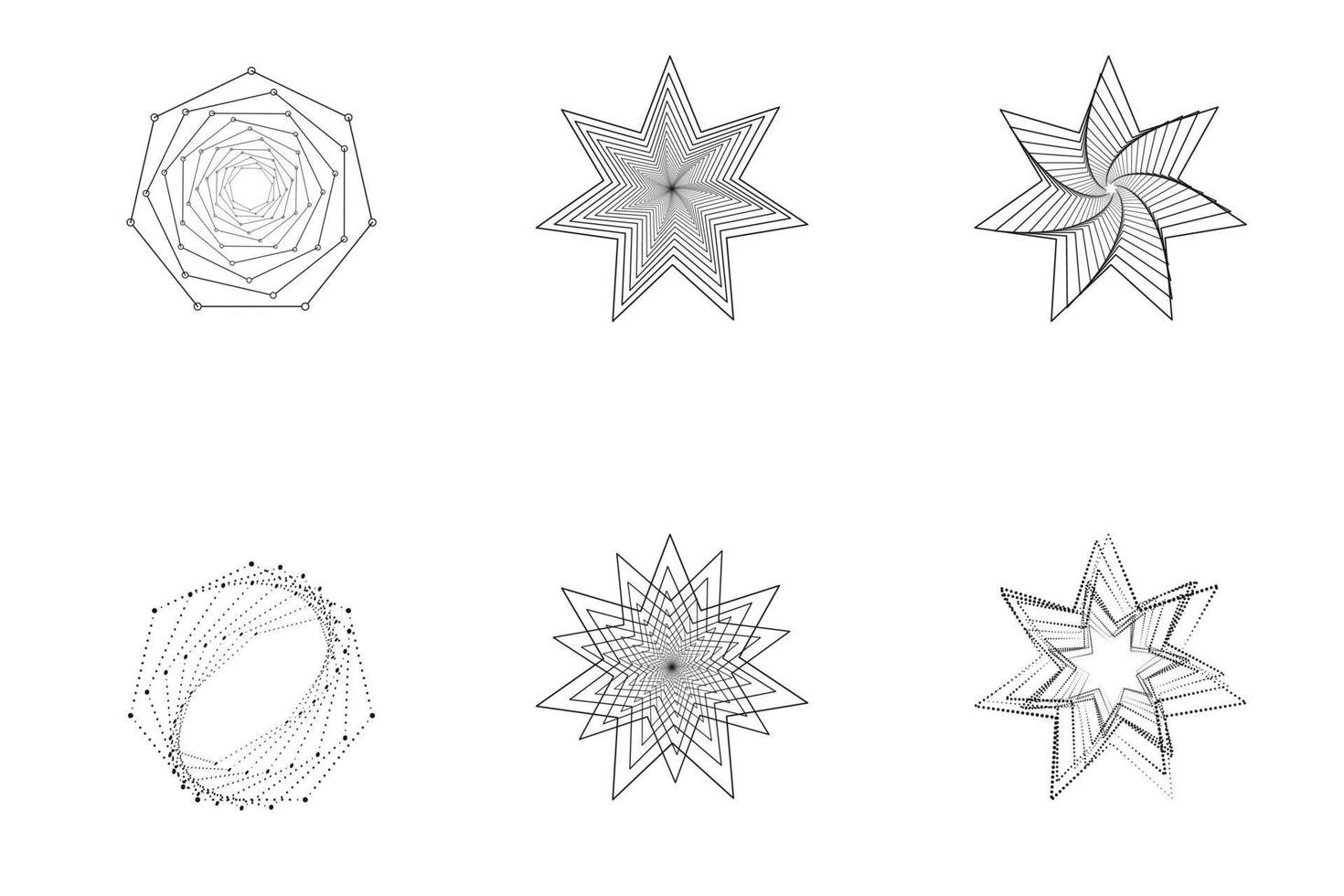 conjunto de espirales estrellas arte de línea, elementos de diseño, patrones abstractos de línea. remolino en espiral, línea de torsión, vórtice. plantillas vectoriales de líneas geométricas de rotación radial. vector