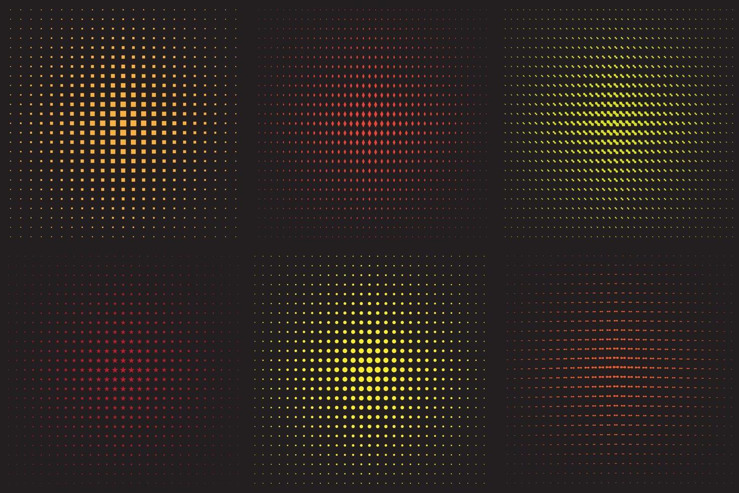 Big set of black textured circle strokes isolated on black background. Abstract dotted circles, round halftone geometric dot gradient and pop art texture. Dust gradation vector set.