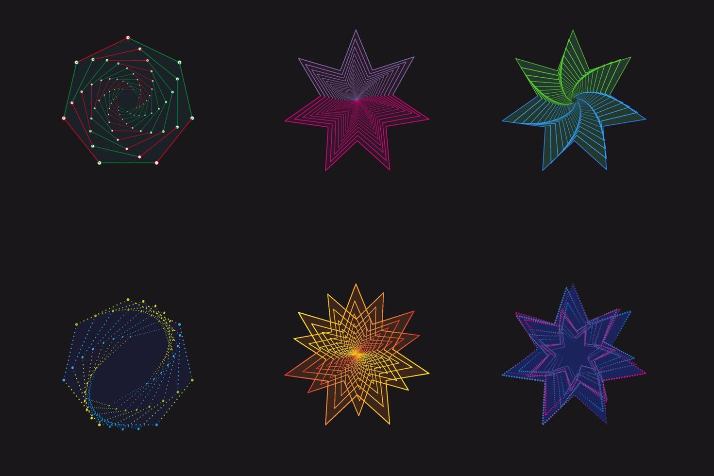 conjunto de espirales estrellas arte de línea, elementos de diseño, patrones abstractos de línea. remolino en espiral, línea de torsión, vórtice. plantillas vectoriales de líneas geométricas de rotación radial. vector