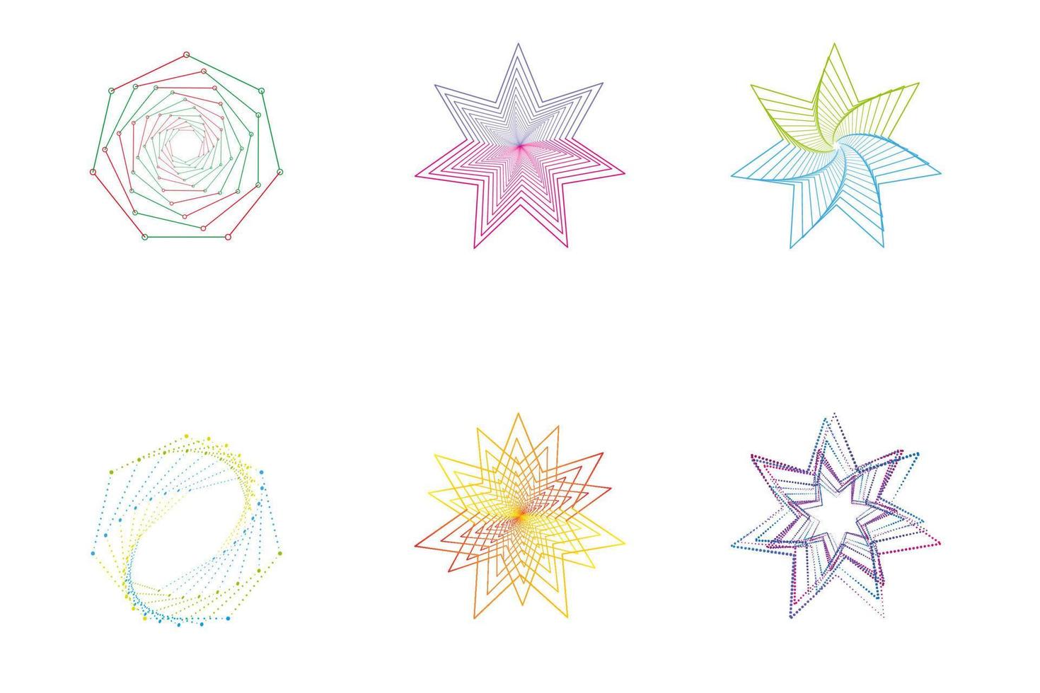 Set of spirals stars line art, Design elements, line abstract patterns. Spiral swirl, twist line, vortex . Vector templates of geometrical radial rotation lines.