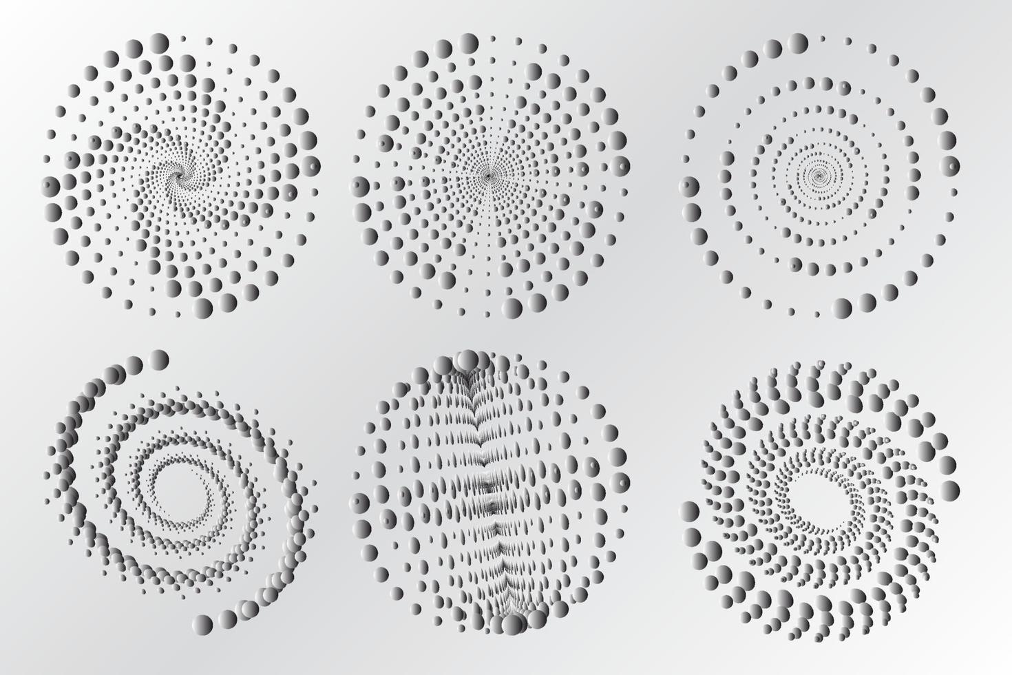 Set of spirals, Design elements, dotted abstract patterns. Spiral swirl, twist points, vortex halftone. Vector templates of circular radial rotation lines.