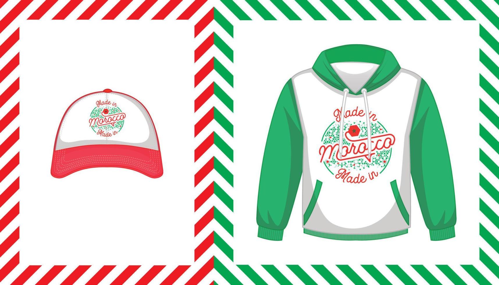 Front of white and green hoodie, and cap isolated. Logo made in morocco plus arabesque shape printed for clothing. Moroccan flag. Vector illustration. Isolated logo as a rubber stamp. clothing mockup