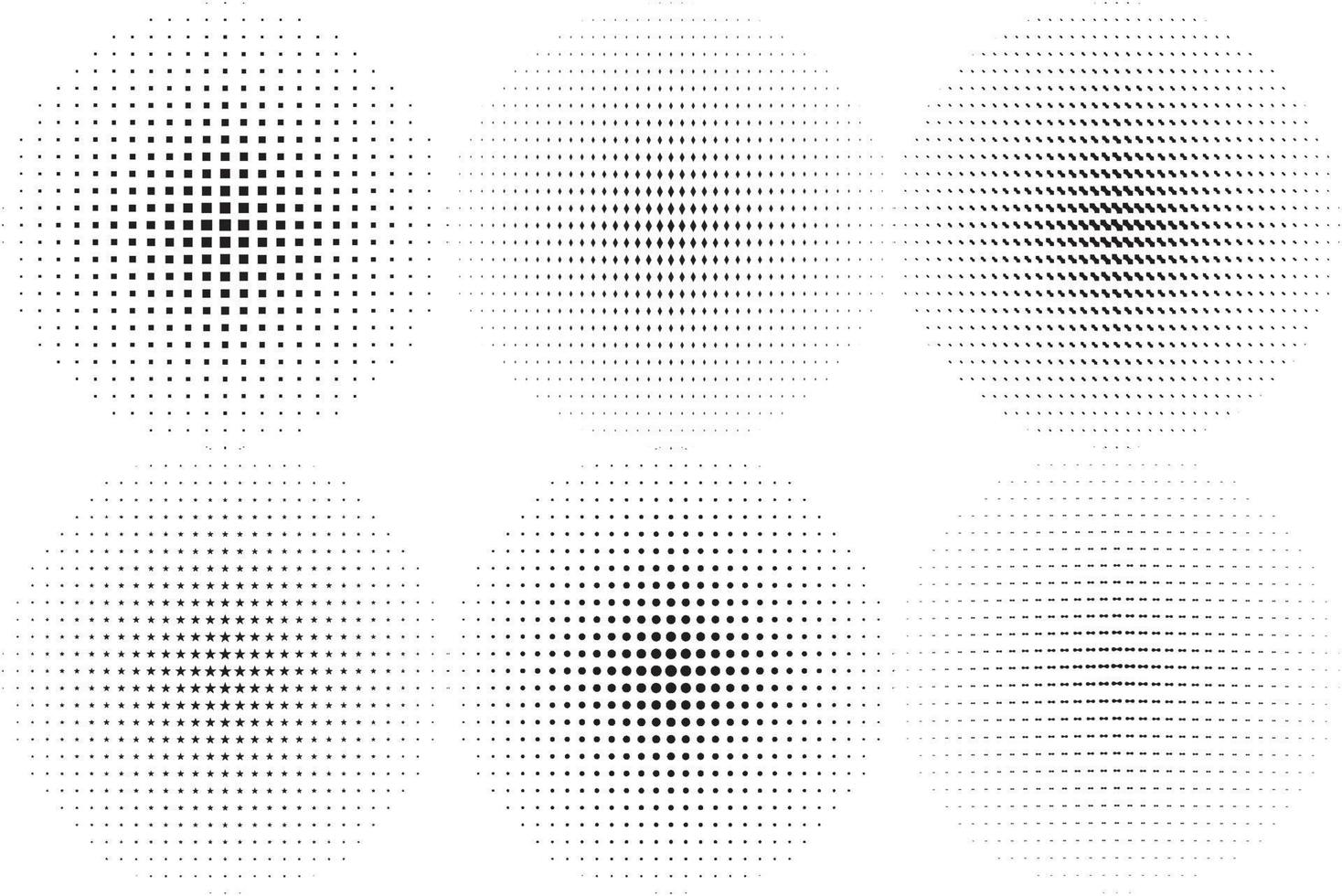 Big set of black textured circle strokes isolated on white background. Abstract dotted circles, round halftone geometric dot gradient and pop art texture. Dust gradation vector set.