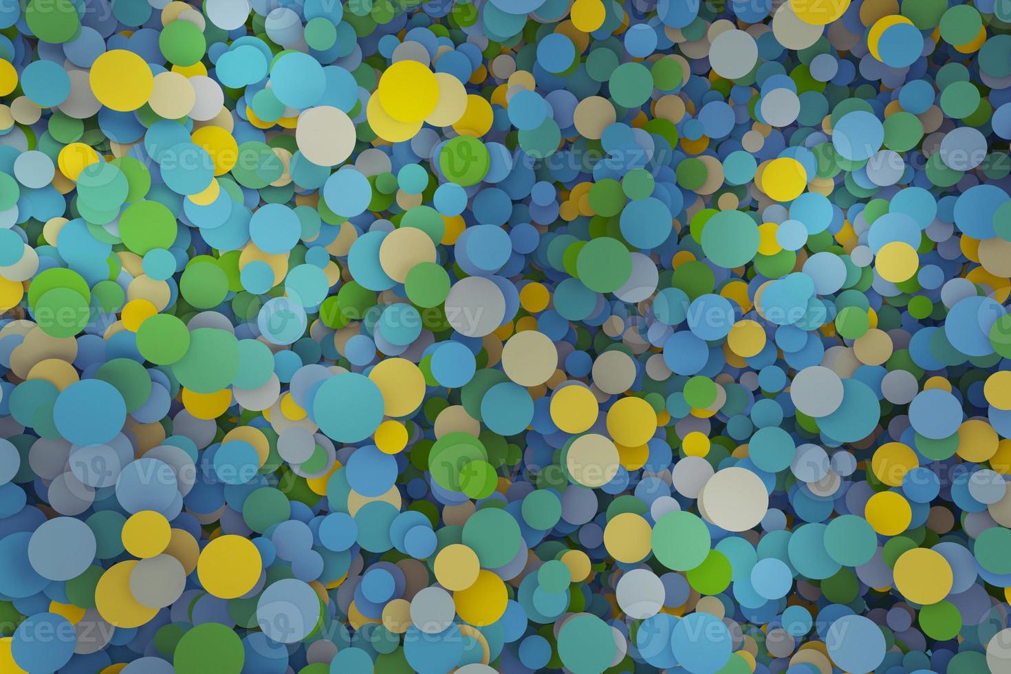 Abstract yellow, blue, green, and dark blue circle cylinders top view pattern background. Chaotic rounded mosaic surface polygons 3d rendering photo