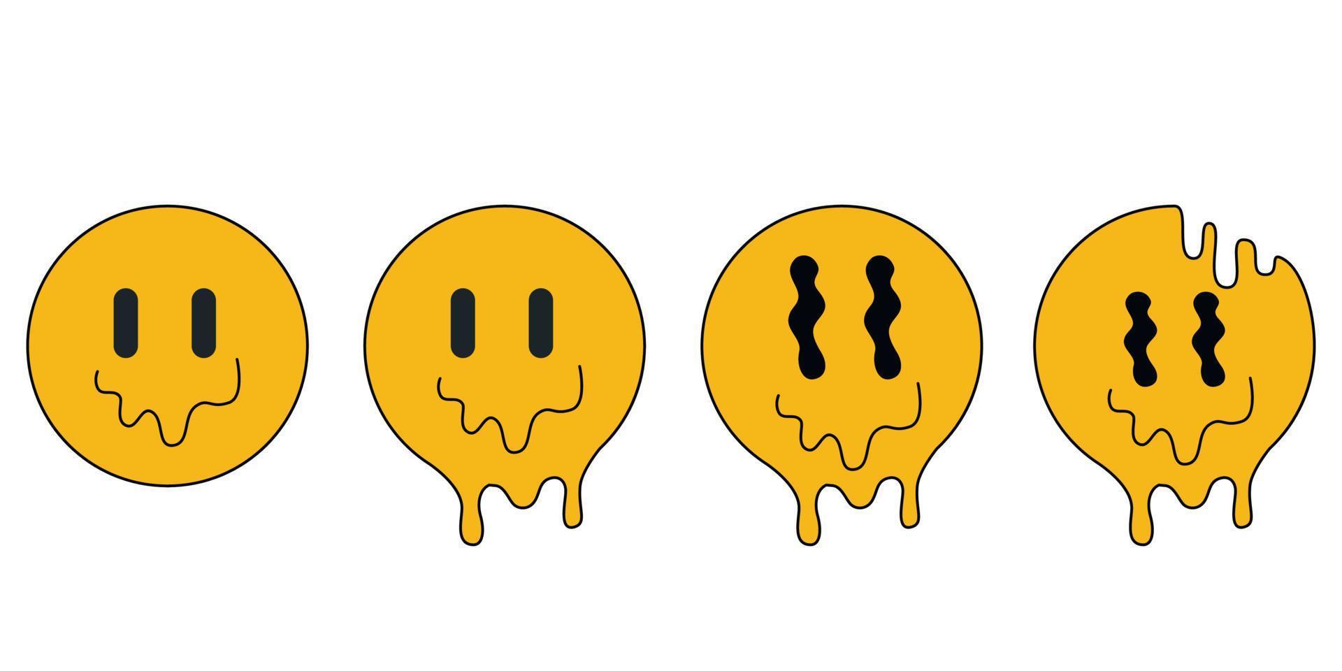 Set of funny smiley faces melt, acid, trippy, psychedelic print for t-shirt, poster, stickers concept vector