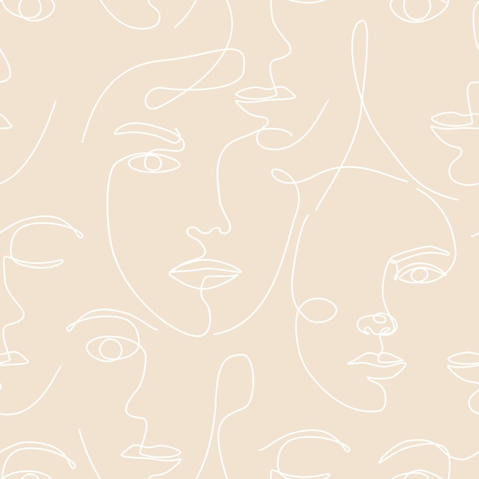 Vector seamless pattern with women faces continuous Line art
