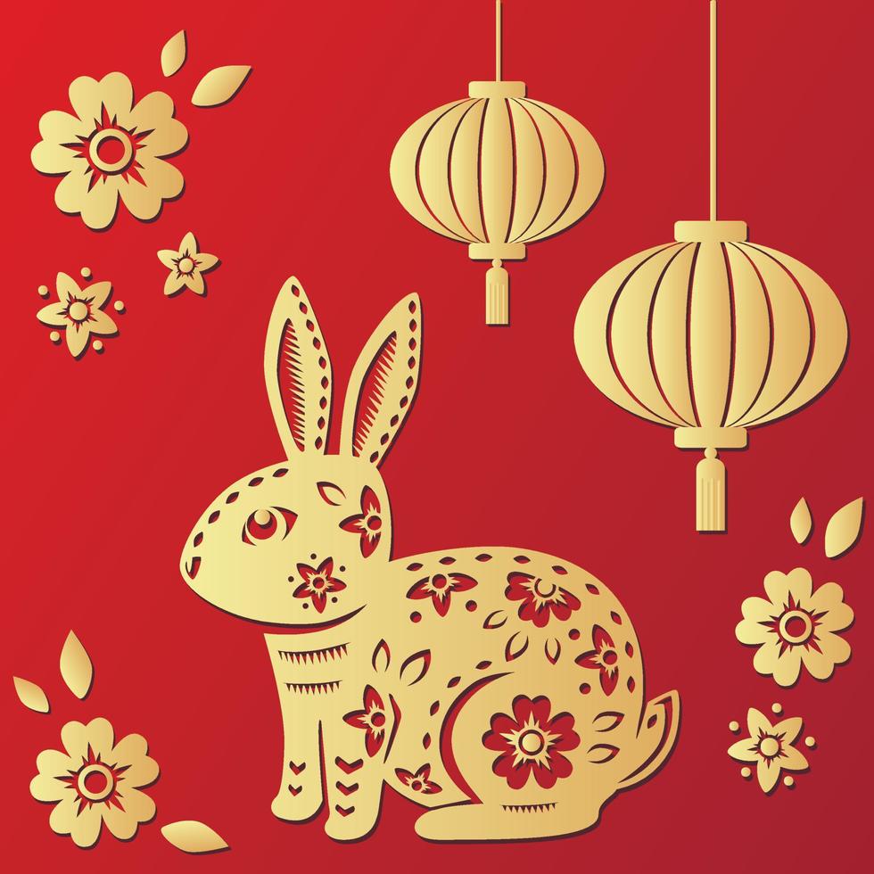 Happy Chinese new year 2023 Zodiac sign, year of the Rabbit, with gold paper cut art on red color background with chinese lanterns vector