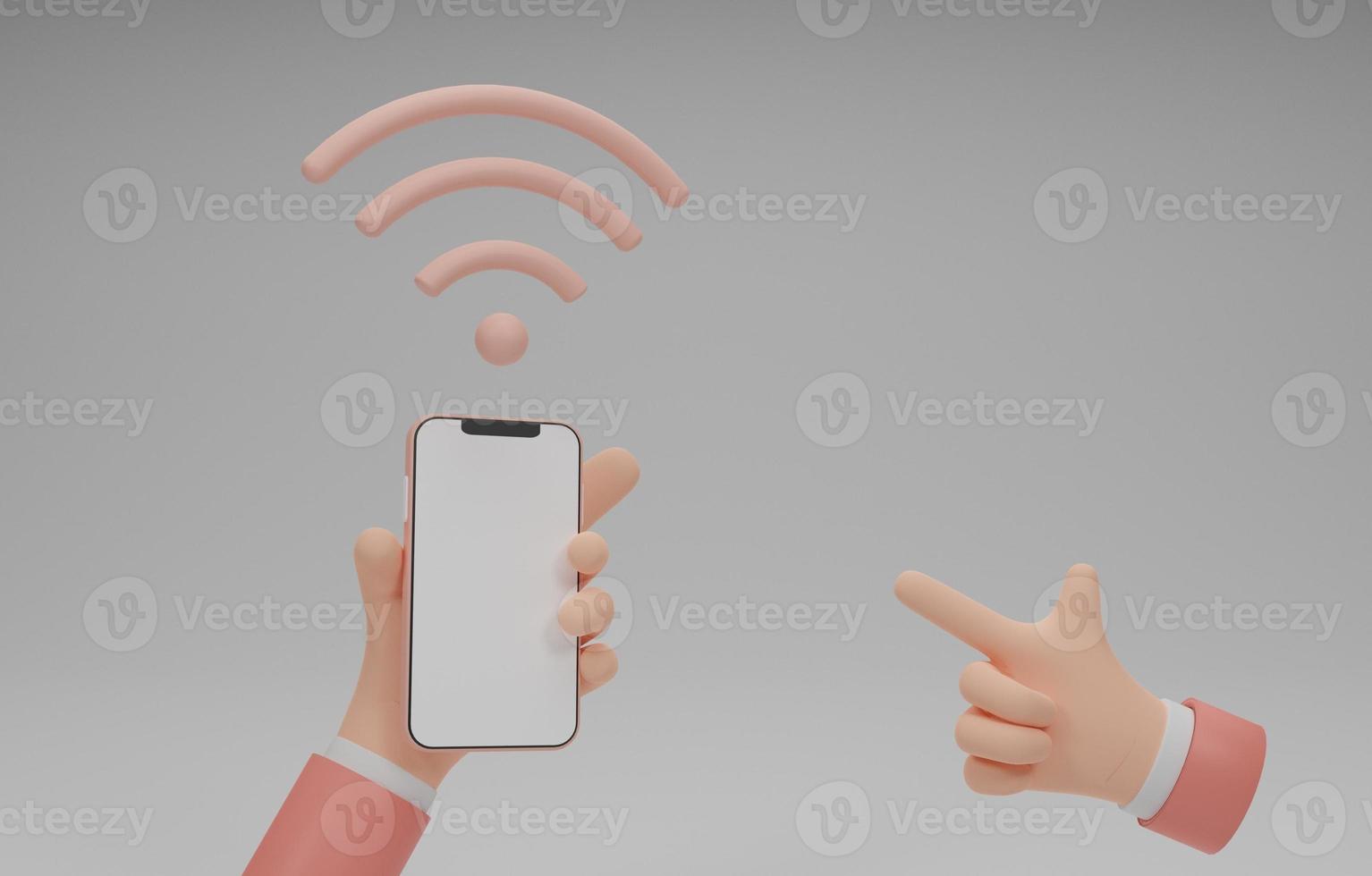 mano de toque de negocios o presione con el dedo en la pantalla móvil en blanco con señal wifi. usando maqueta de pantalla de teléfono, señal wifi en teléfono inteligente, conexión móvil, fondo aislado. Representación 3d. foto