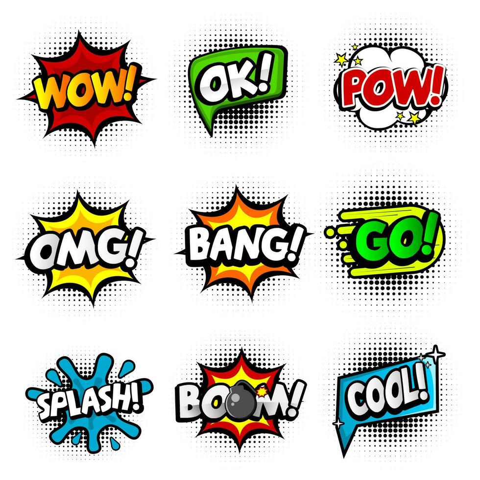 Set of nine different, colorful stickers at colorful comic strip. pop art speech bubbles with wow, ok, pow, omg, bang, go, splash, boom, and cool. vector