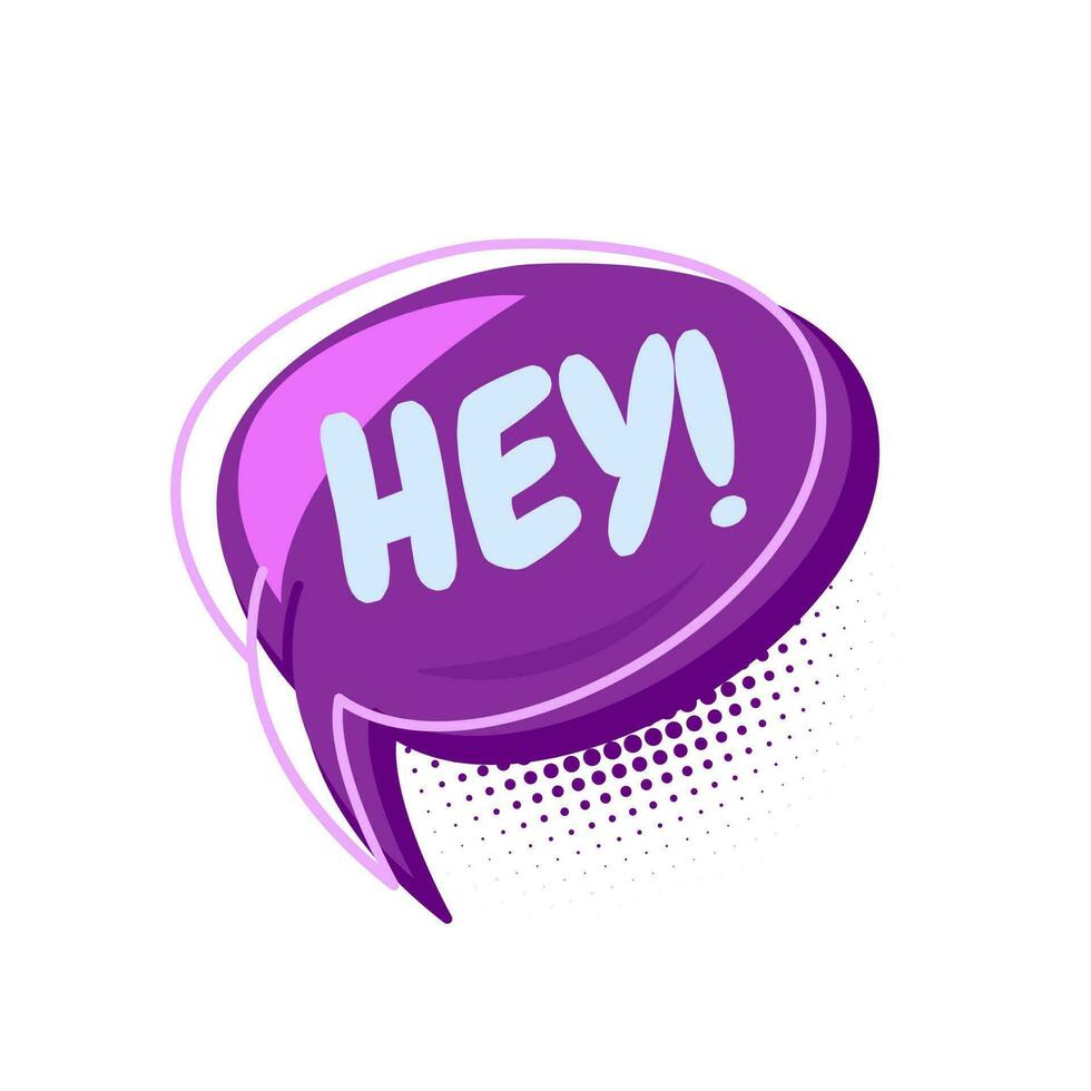 Colorful speech bubbles with hey text. hand drawn design elements with halftone decorations and outlines. Vector illustration of doodle text banner