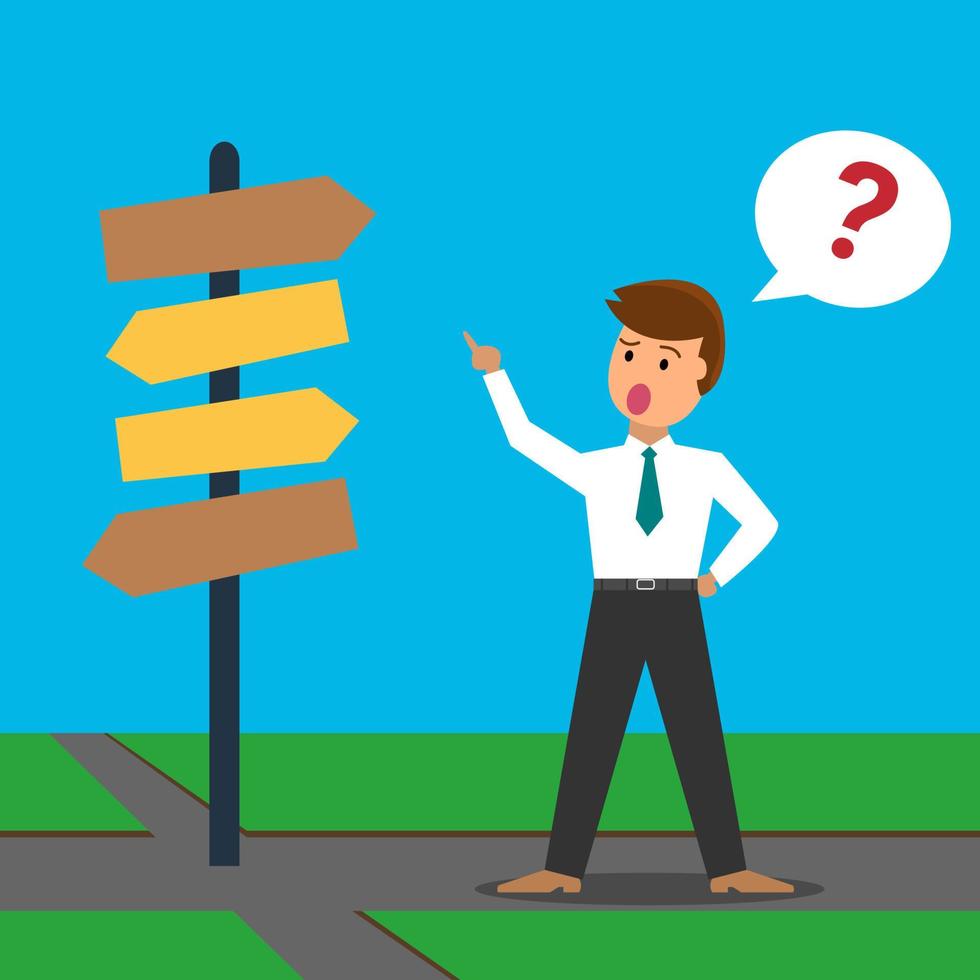 Confused person crossroads standing, business solution concept, character choice vector illustration