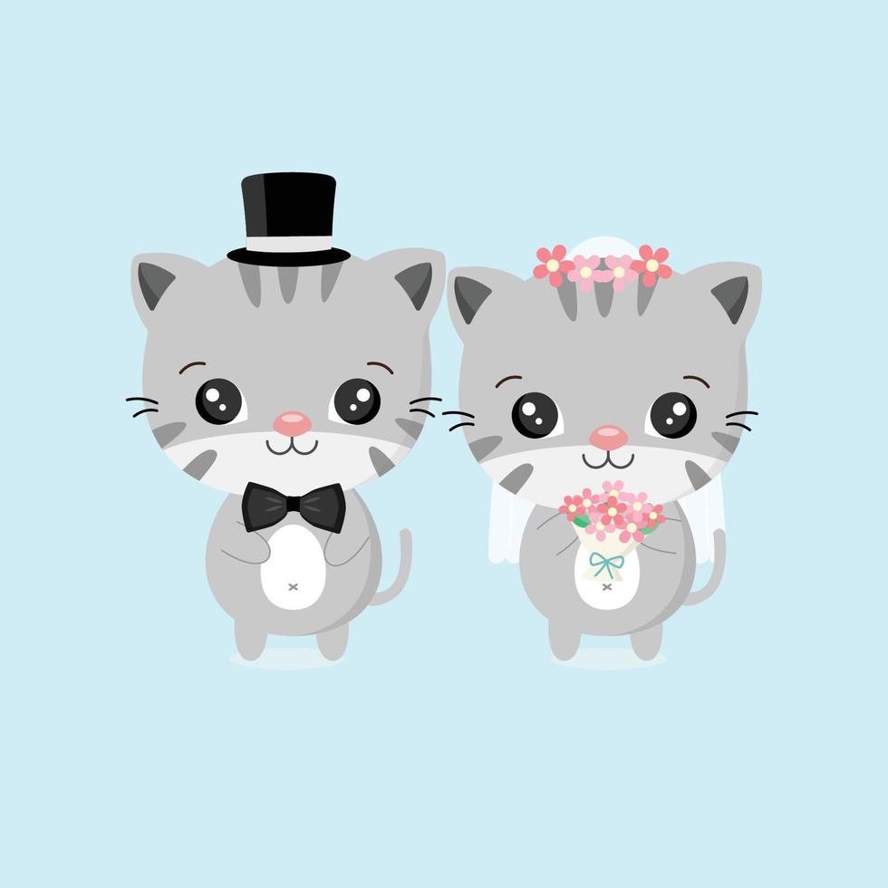 lindo gato con disfraces de novia y novio ilustración vectorial. vector