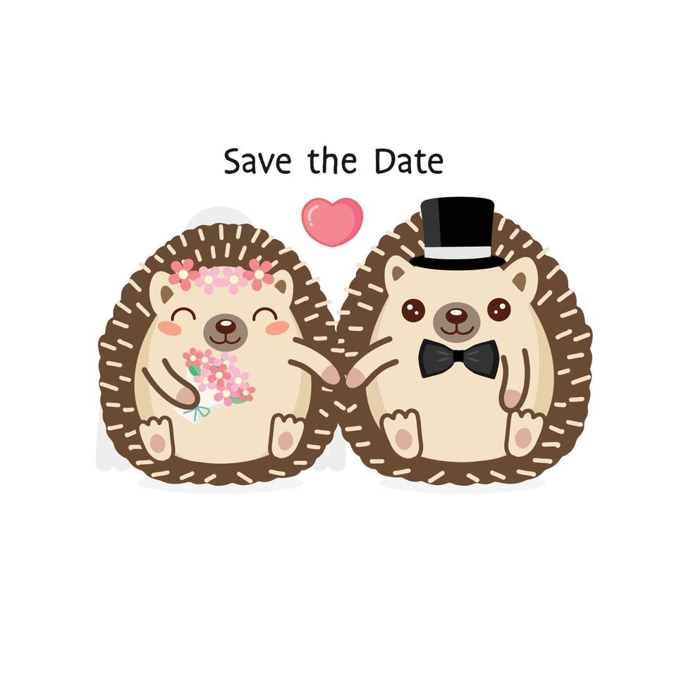 Cute Hedgehog wearing costumes of bride and groom vector illustration.