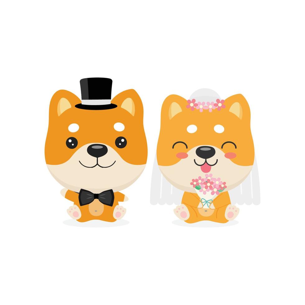 cute Shiba inu wearing costumes of bride and groom vector illustration.