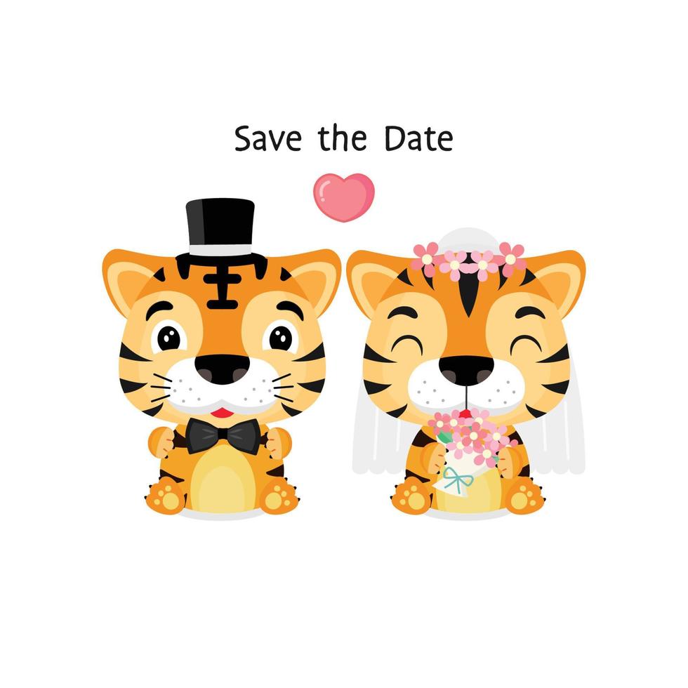 cute Tiger wearing costumes of bride and groom vector illustration.