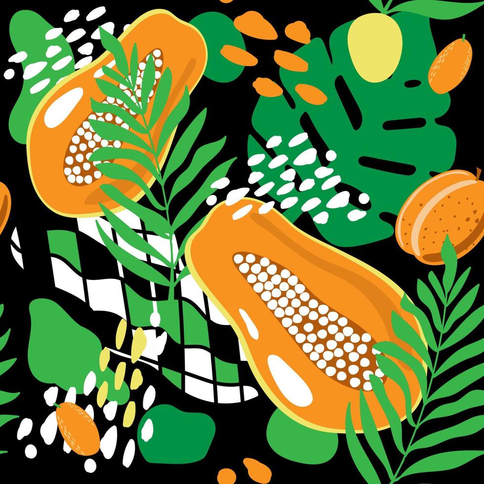 Seamless pattern of abstract tropical leaves and fruits, summer vector illustration in cartoon style. Papaya, peaches, kumquat and tropical leaves. Bright summer pattern on black background