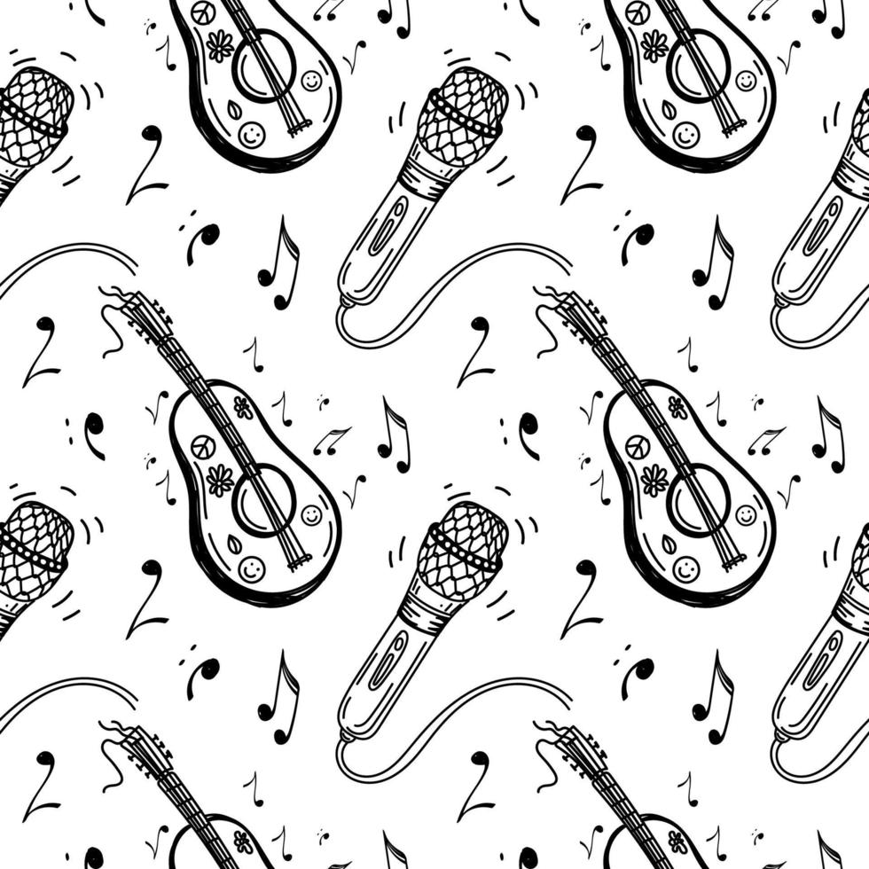 A seamless pattern of musical symbols, guitar, ukulele, notes, microphone. Karaoke. Melody. Hippie music creation. Hand-drawn doodle-style elements. Vector illustration