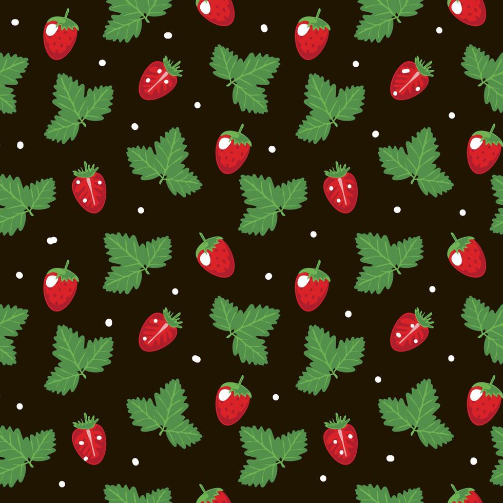 Seamless strawberry pattern, summer vector illustration in cartoon style. Strawberries whole and halves. Leaves of the plant. Bright summer pattern on black background