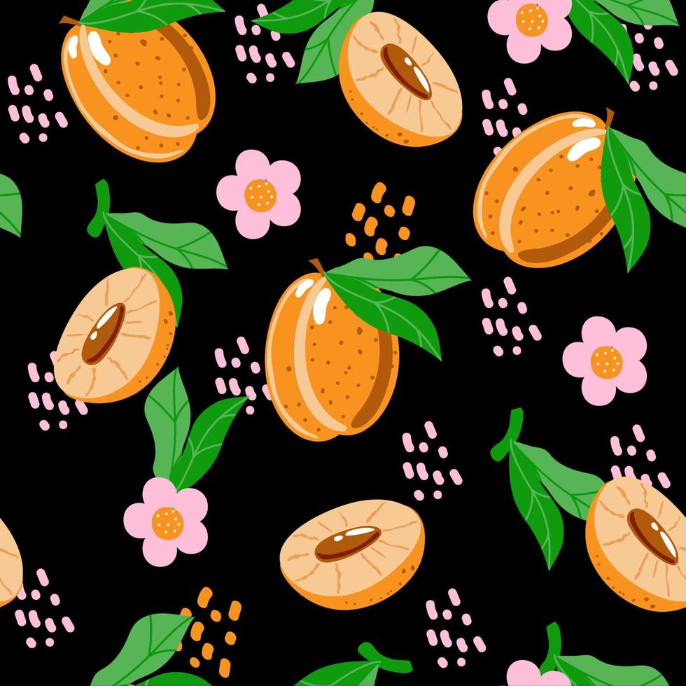 Seamless pattern of peaches, summer vector illustration in cartoon style. Abstract Spots. Whole peaches, halves of peaches, flowers and leaves. Bright summer pattern on black background