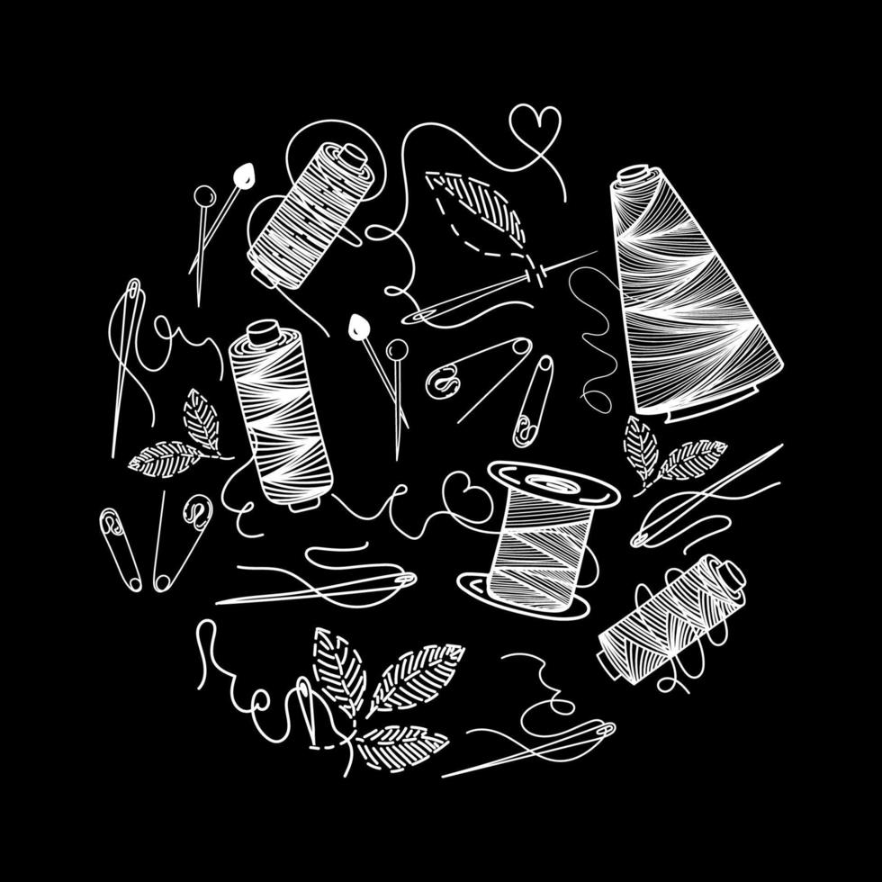 Set of sewing thread, hand-drawn doodles in sketch style. Elements in a circle on a black background. Cross-winding of thread. Needle and pins. Needle and pins. Sewing. Thread. Vector simple