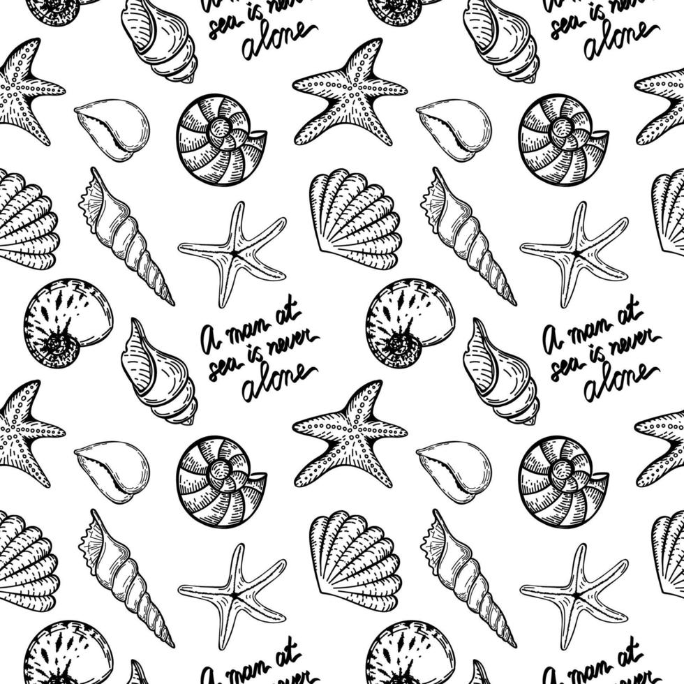 Seamless, hand-drawn sea creatures in sketch style. Seashells and starfish. Handwritten text. A man at sea is never alone. White background. Isolated. Summer. Ocean. Flat design. Vector illustration