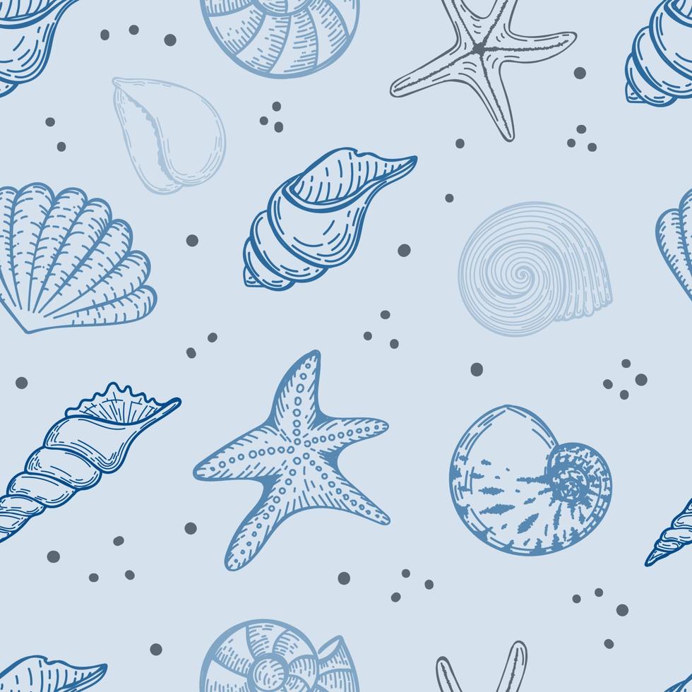 Seamless, hand-drawn sea creatures in sketch style. Seashells, starfish and bubbles. Blue pastel palette. White background. Isolated. Summer. Ocean. Flat design. Vector illustration