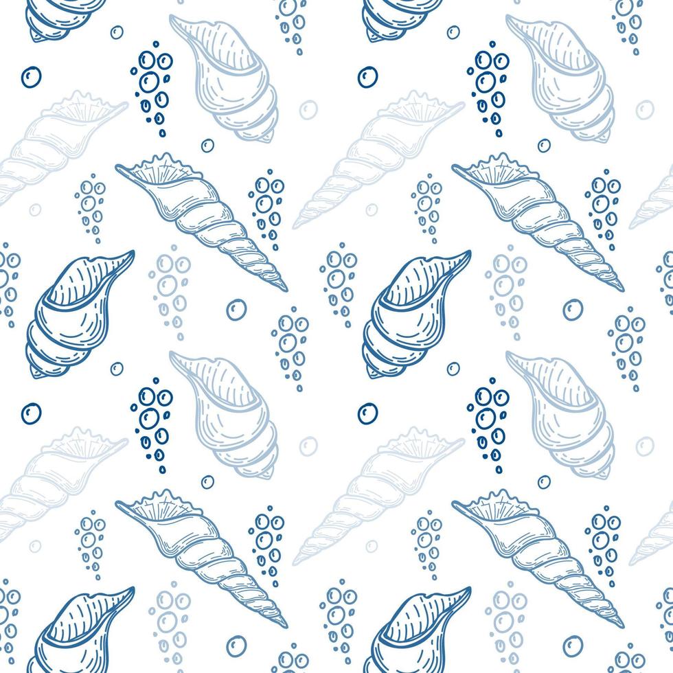 Seamless, hand-drawn sea creatures in sketch style. Seashells and bubbles. Blue pastel palette. White background. Isolated. Summer. Ocean. Flat design. Vector illustration