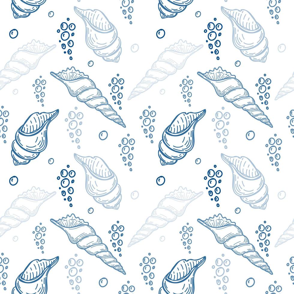 criaturas marinas dibujadas a mano sin costuras en estilo boceto. conchas marinas y burbujas. paleta azul pastel. Fondo blanco. aislado. el verano. Oceano. diseño plano. ilustración vectorial vector