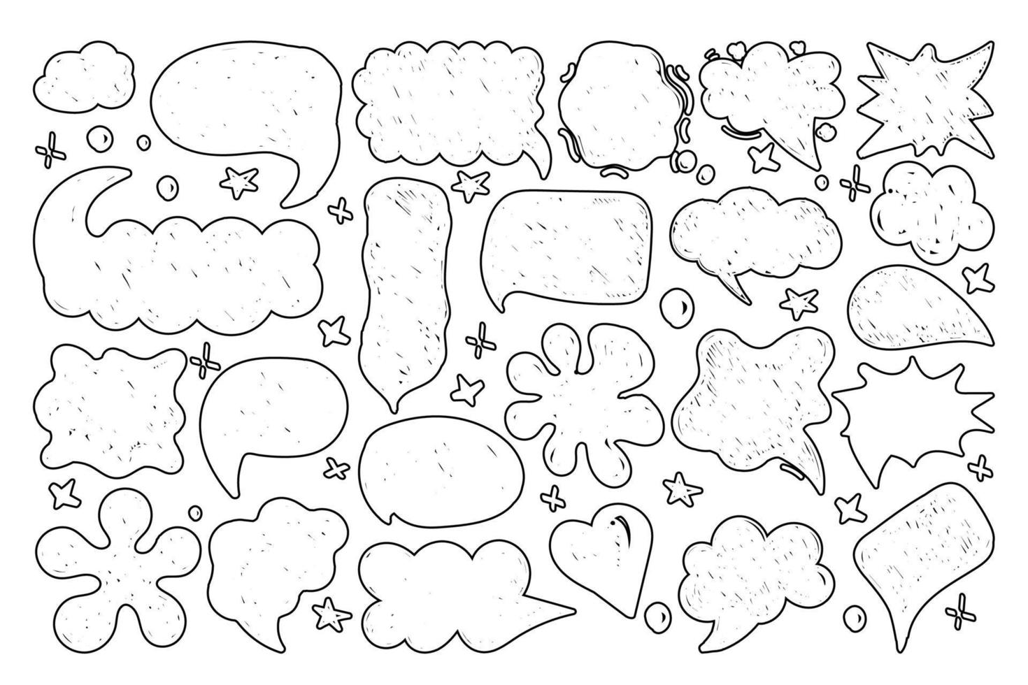 A set of speech bubbles with hand-drawn dialogue words in doodle style. Different forms of speech for comic book characters. Outlines on a white background. Speech patterns vector