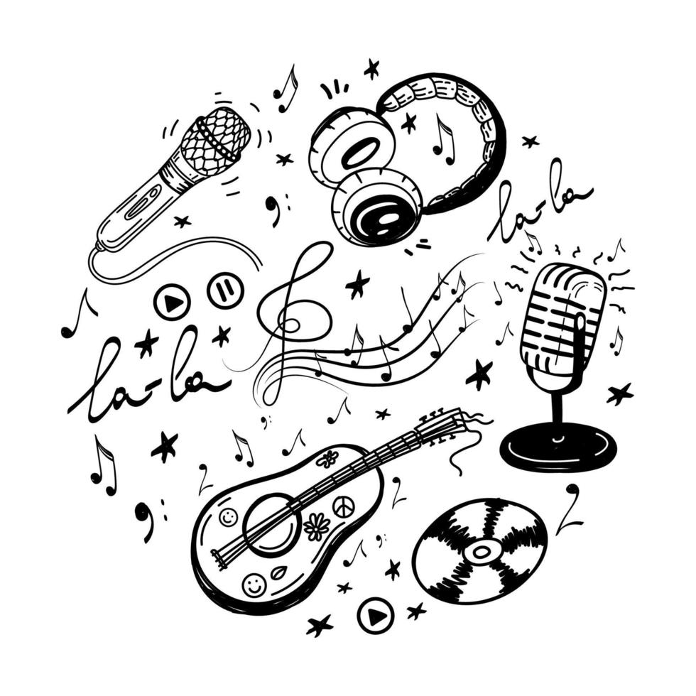 A set of hand-drawn musical elements in sketch style. Headphones, microphones, CD, audio, violin key with notes, elements in a circle. Vector simple illustration, isolated on white background