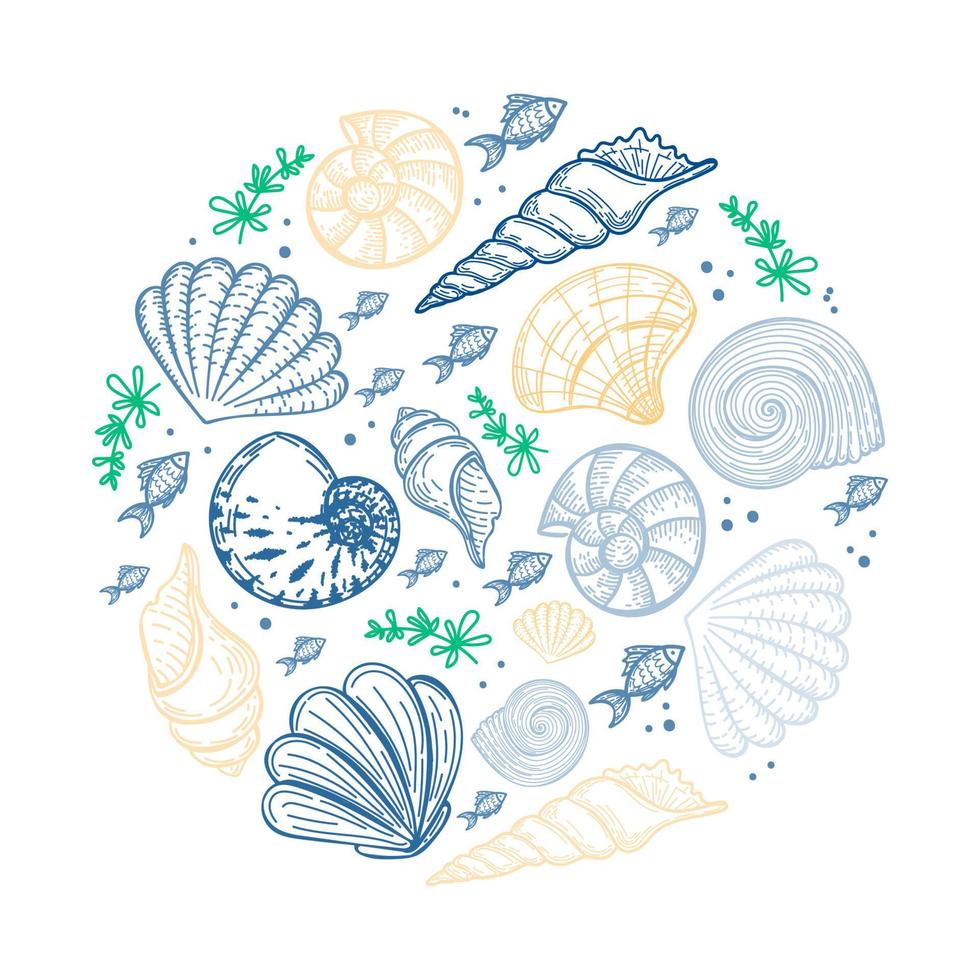Set of sea creatures in a circle, hand-drawn in sketch style. Circle frame of seashells, seaweed and small fish. Pastel palette. Summer greeting card vector
