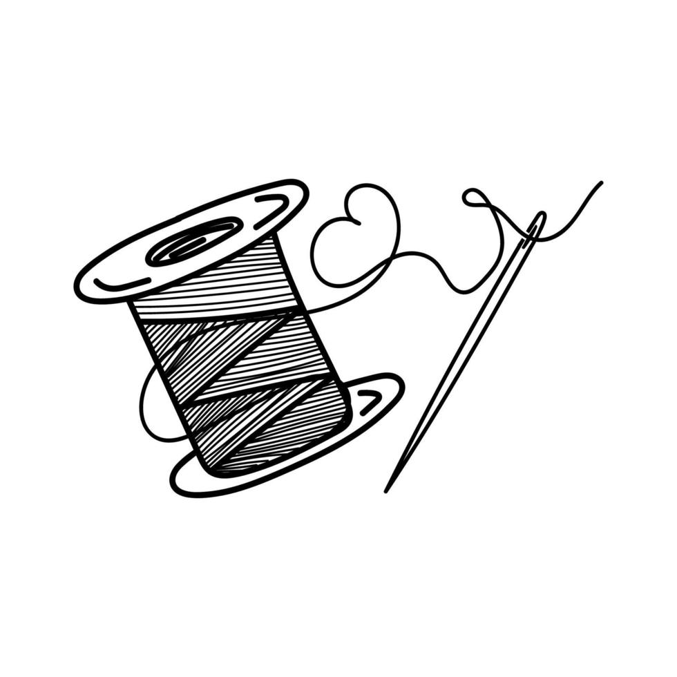 Sewing thread with needle, hand-drawn in sketch style. Cross-winding ...