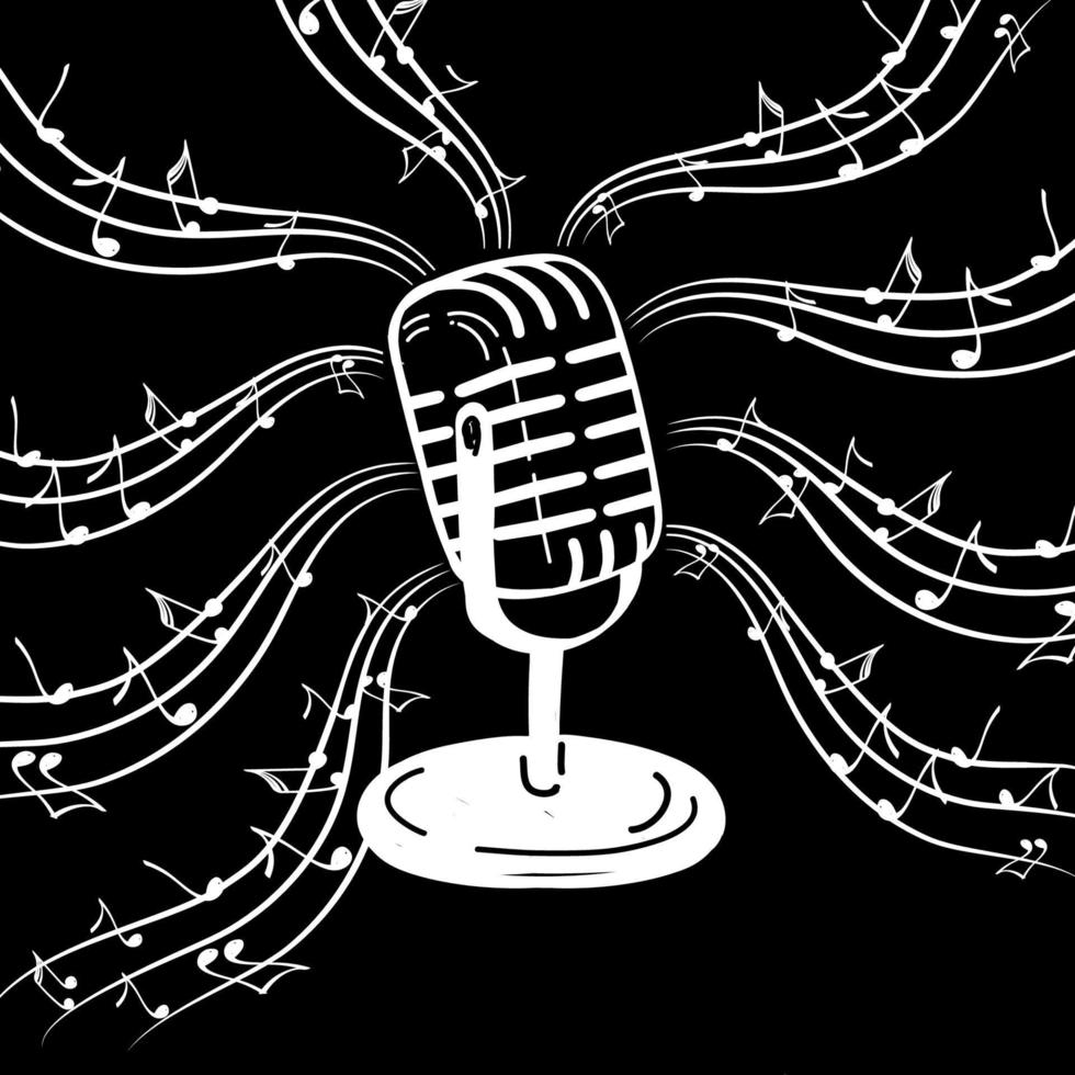 Microphone in doodle style. Silhouettes of microphone and notes vector cartoon illustration on white isolated background. Karaoke. Concept of audio equipment with melody effect