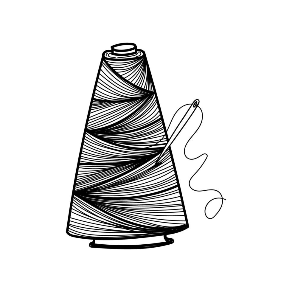 Large bobbin of thread with needle, handdrawn in sketch style. Crosswinding the thread. Needle