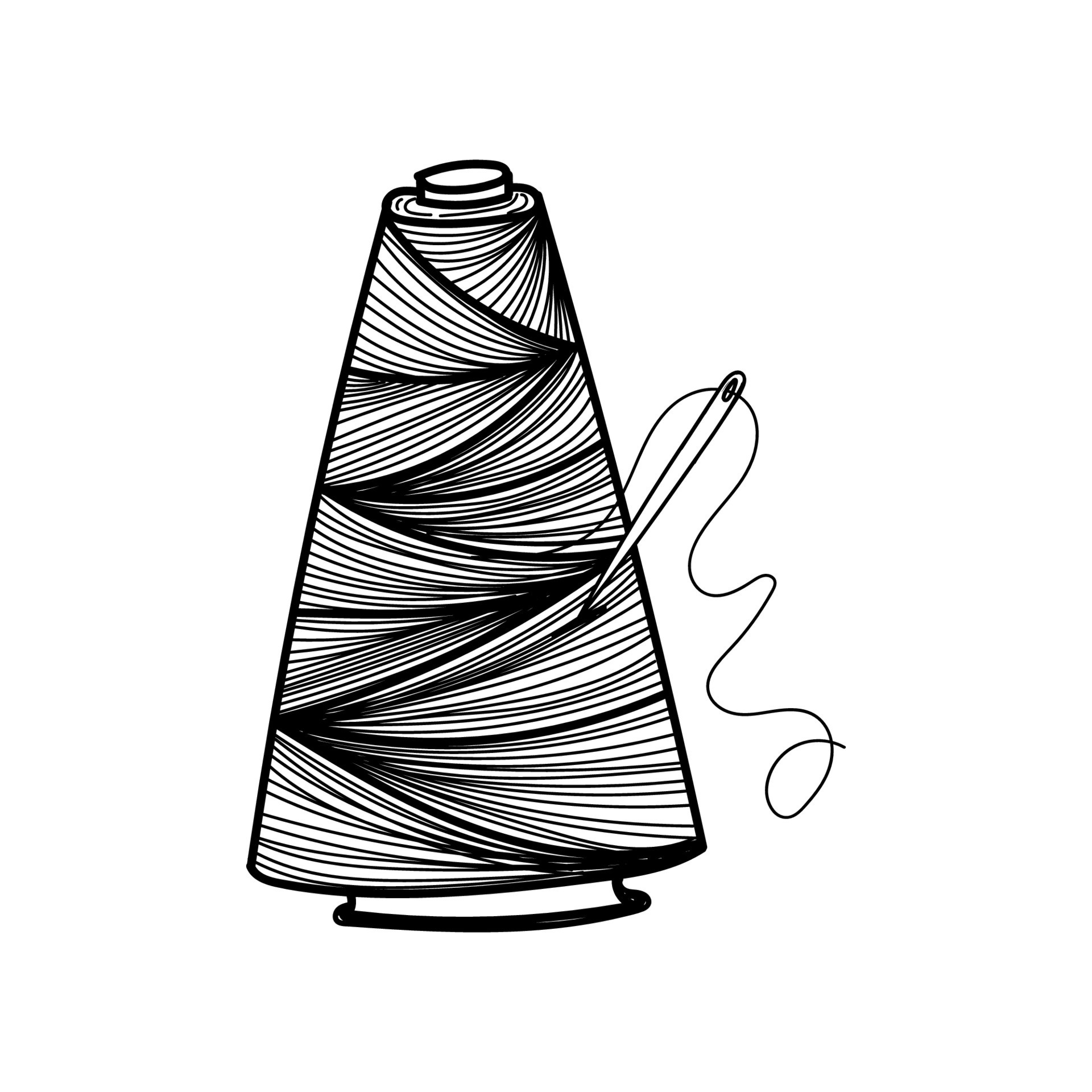 Large bobbin of thread with needle, handdrawn in sketch style. Cross