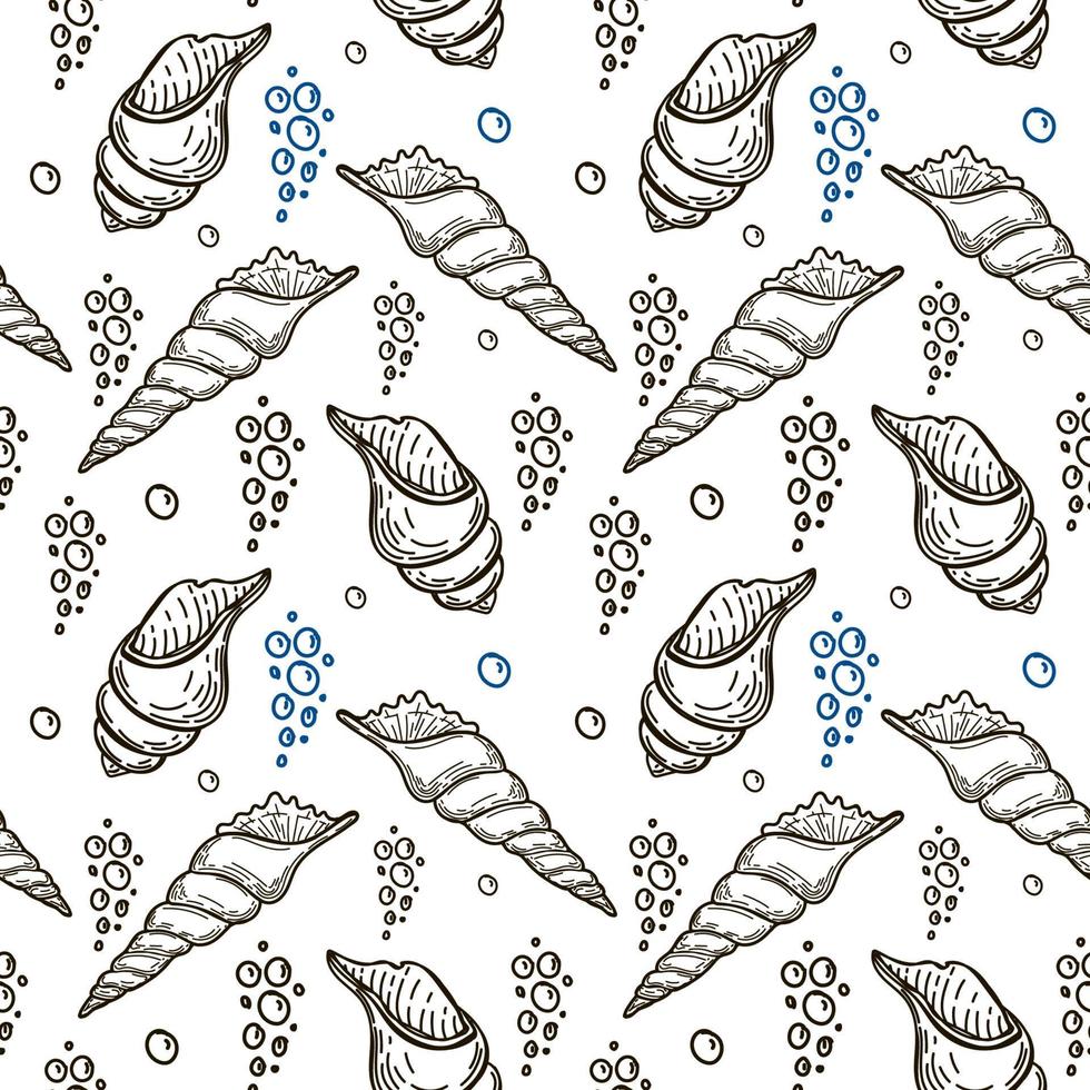 Seamless, hand-drawn sea creatures in sketch style. Seashells and bubbles. Monochrome palette. White background. Isolated. Summer. Ocean. Flat design. Vector illustration