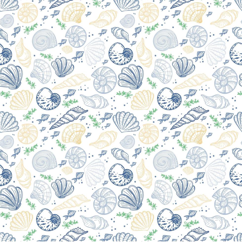 Seamless background with sea creatures, hand-drawn in sketch style. Shells, seaweed and small fish. Ocean. Sea bottom. Pastel palette. Summer sea background vector