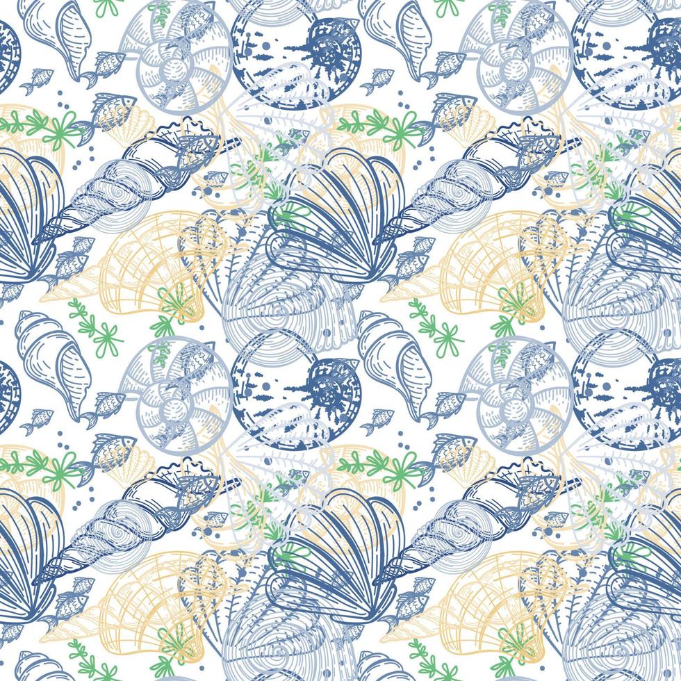 Seamless abstract background of sea creatures, hand-drawn in sketch style. Shells, seaweed and small fish. Ocean. Seabed. Pastel palette. Summer sea background vector