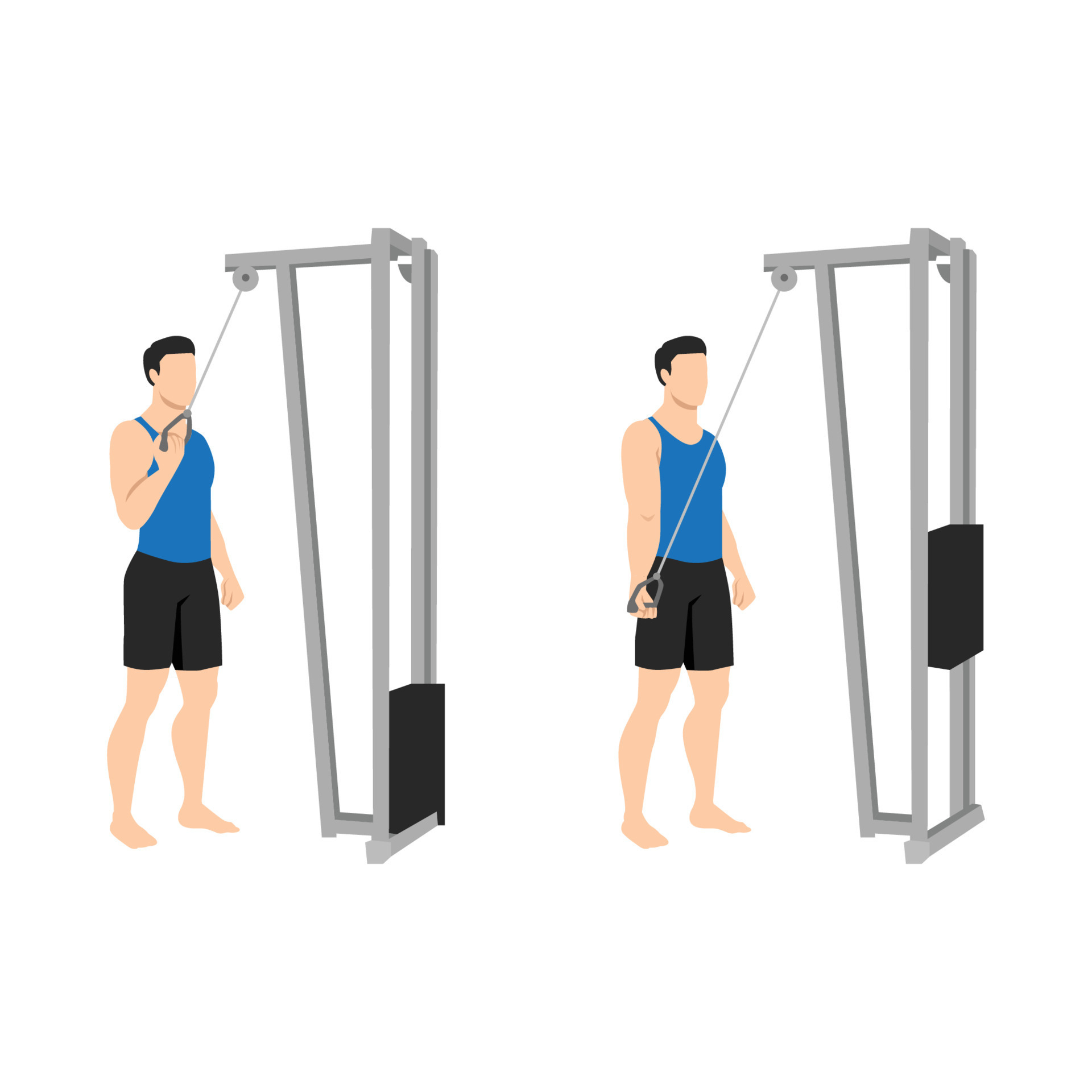 Man doing Single arm cable triceps extension. Flat vector