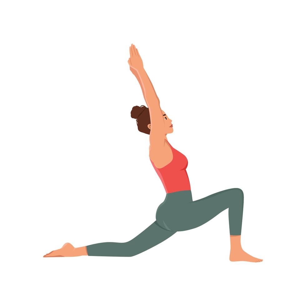 Active cartoon girl demonstrating anjaneyasana pose vector flat illustration. Yogi female practicing Young moon position isolated on white. Yoga woman training in low lunge posture