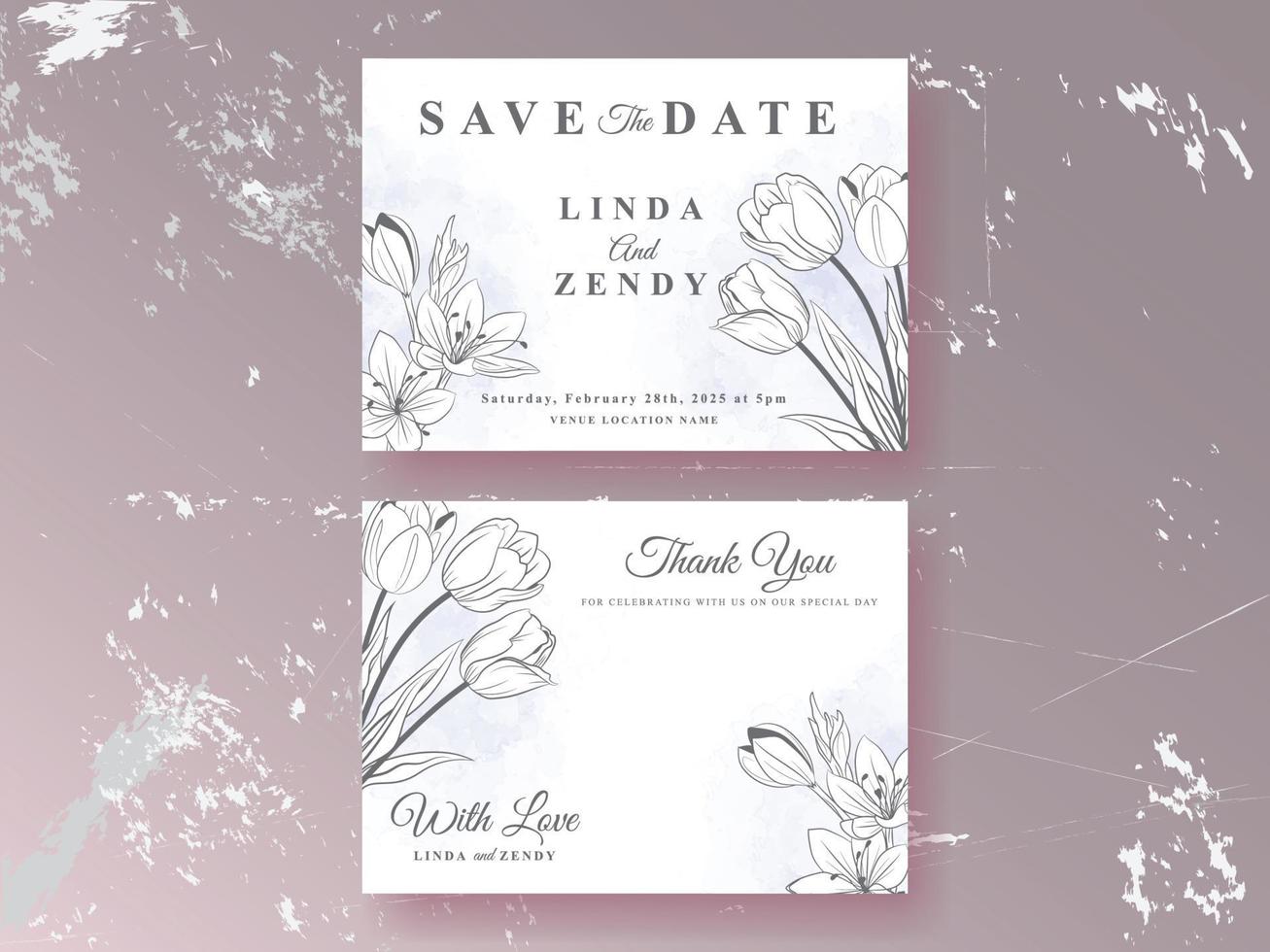 Beautiful floral line art wedding invitations vector