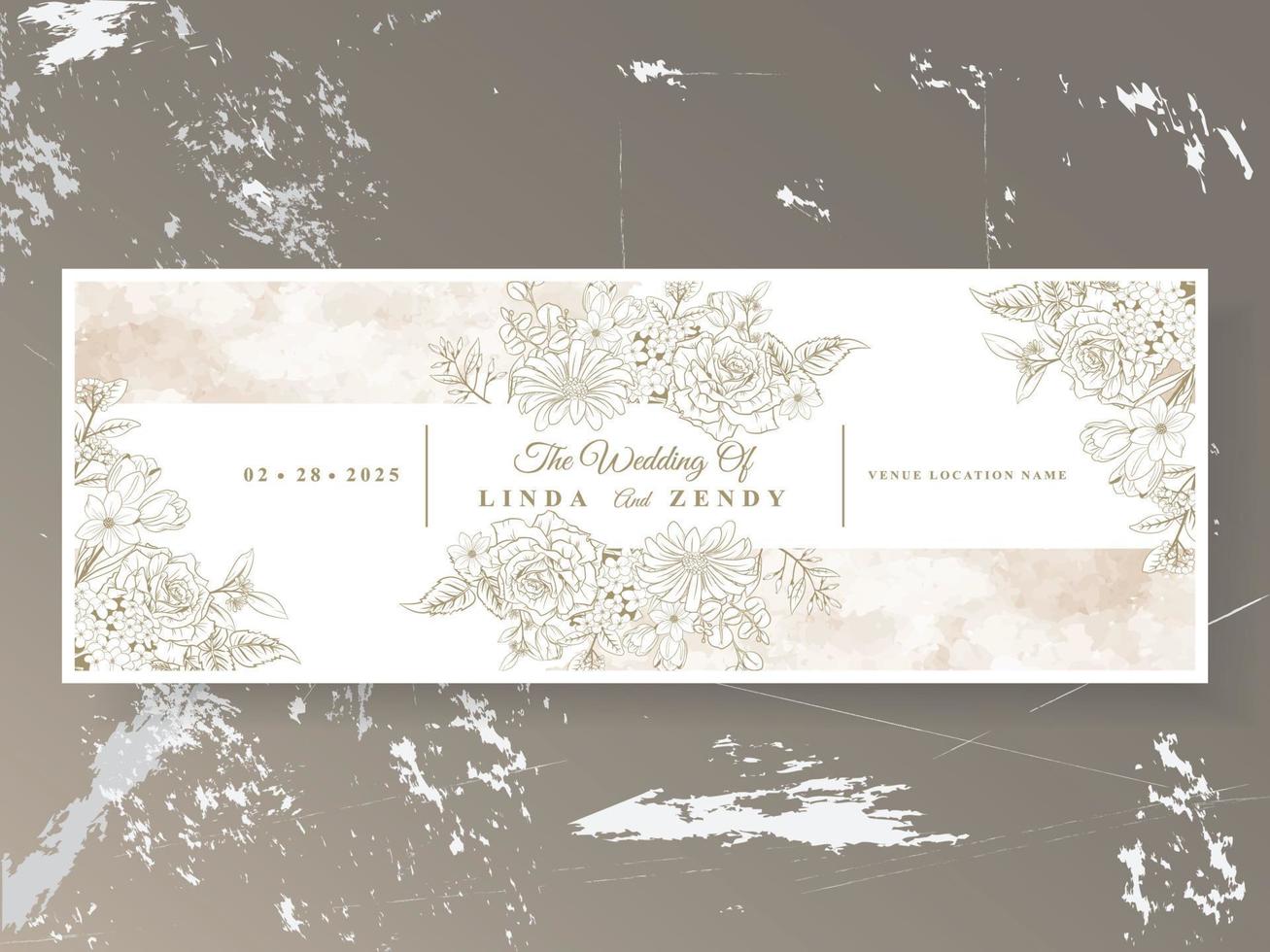 Elegant floral line art wedding invitation card template vector