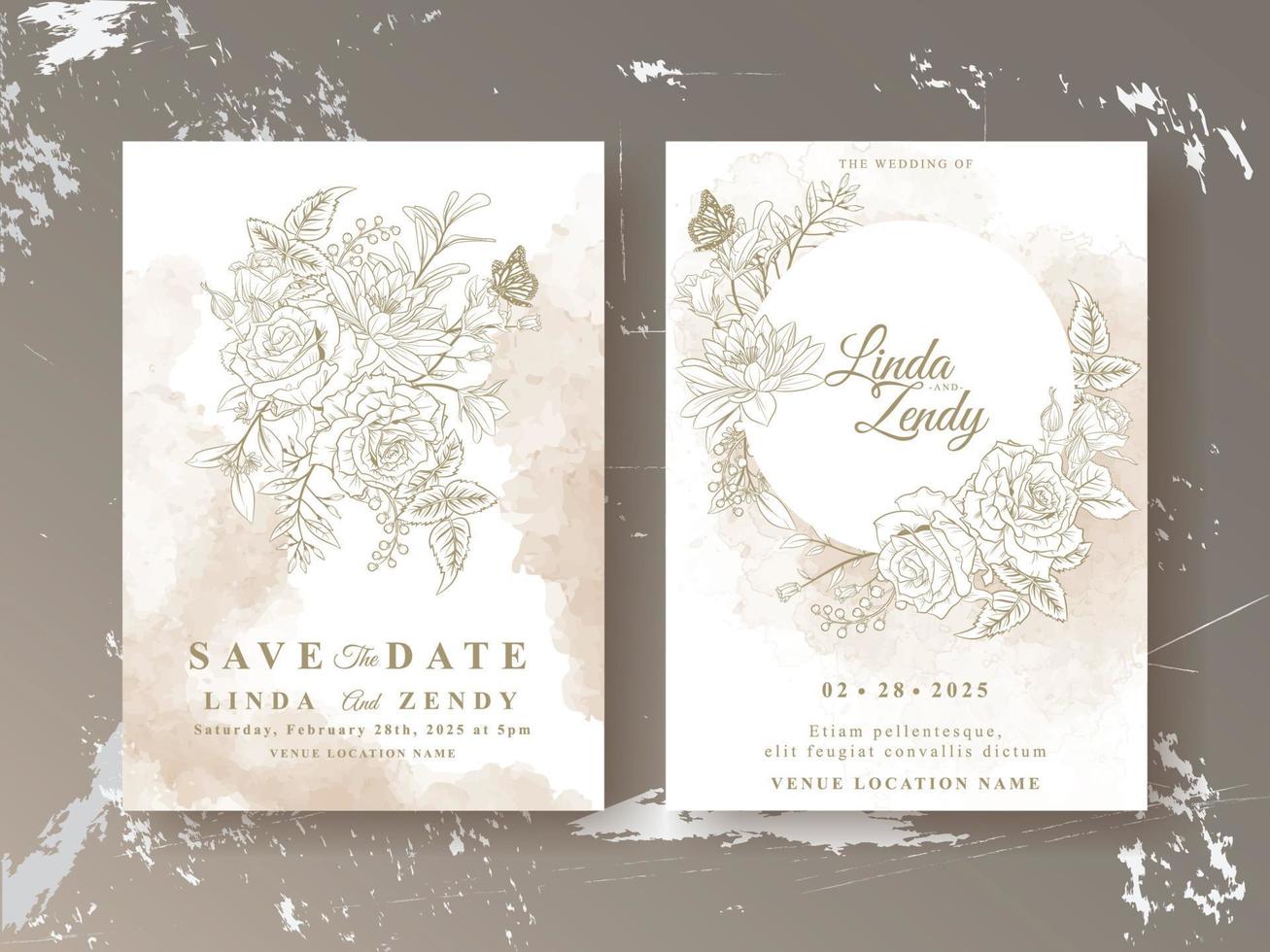 Elegant floral line art wedding invitation card template vector